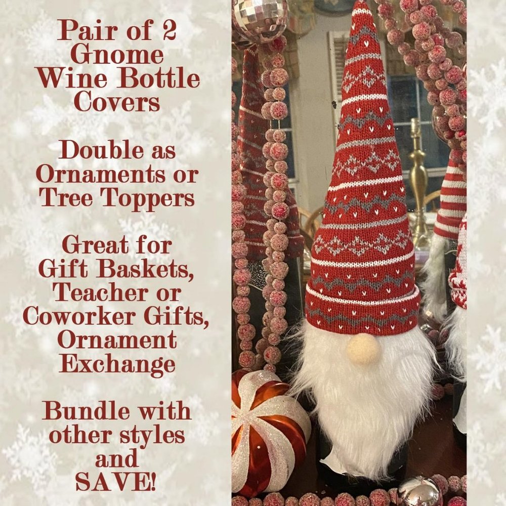 Set of 2 Gnome Wine Bottle Gift Cover for Baskets, Ornaments, Tree Topper